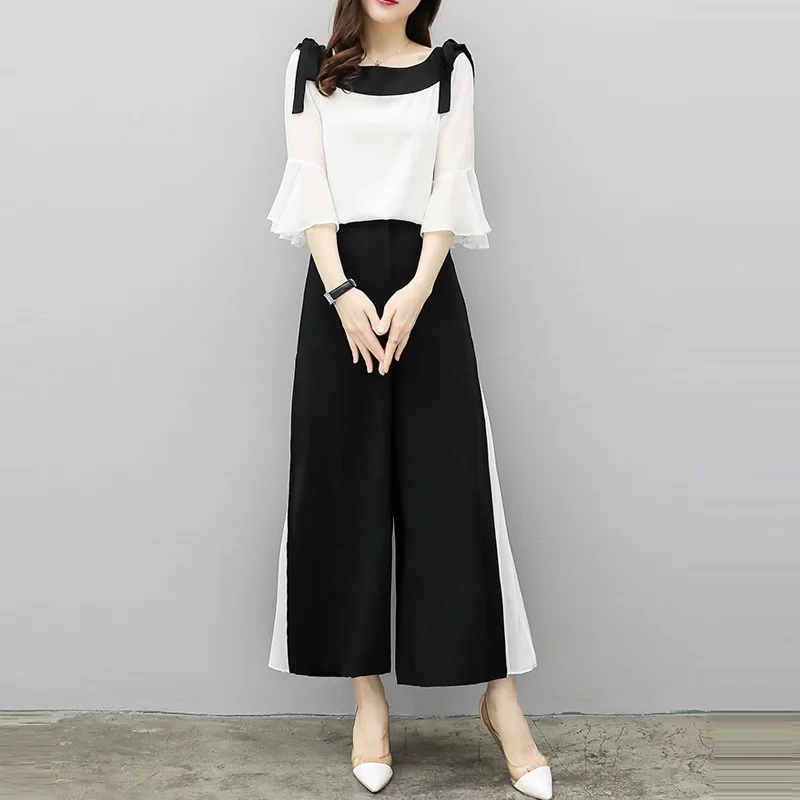 

2019 Summer Set New Fashion Wide Leg Pants Chiffon Suit Two Piece Set Women Chiffon Flare Blouse And Skirt Pant Suits Sets