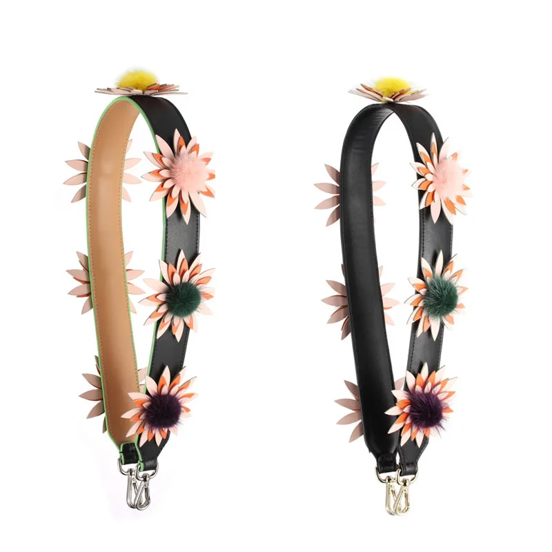 

New Big flower shoulder strap Bag accessories wide straps Mink hair straps leather bag belt accessories striped gold silver bag