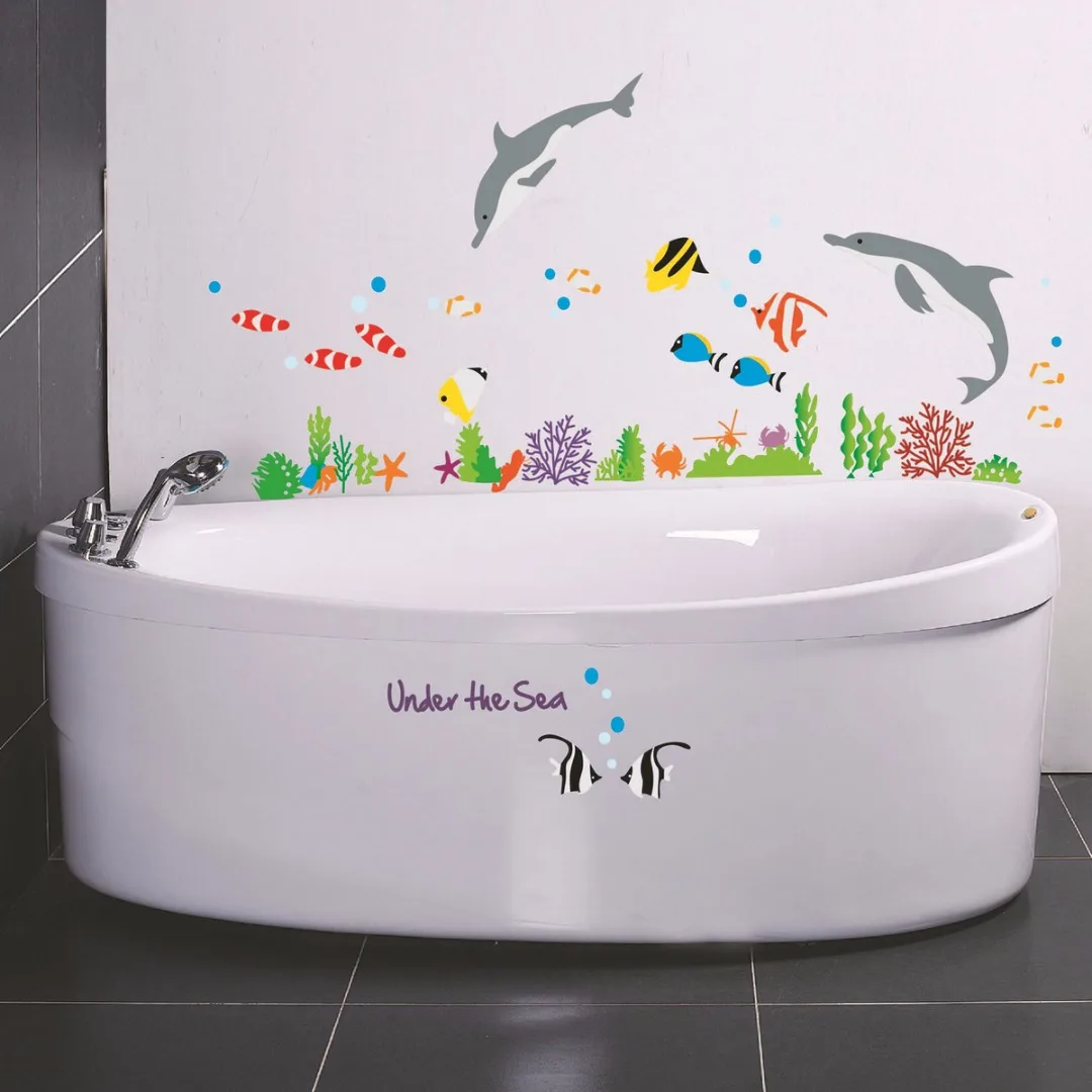 Newest  Dolphin & Fish Bathroom Decor Wall Stickers Paper Kids Bedroom Vinyl Paper