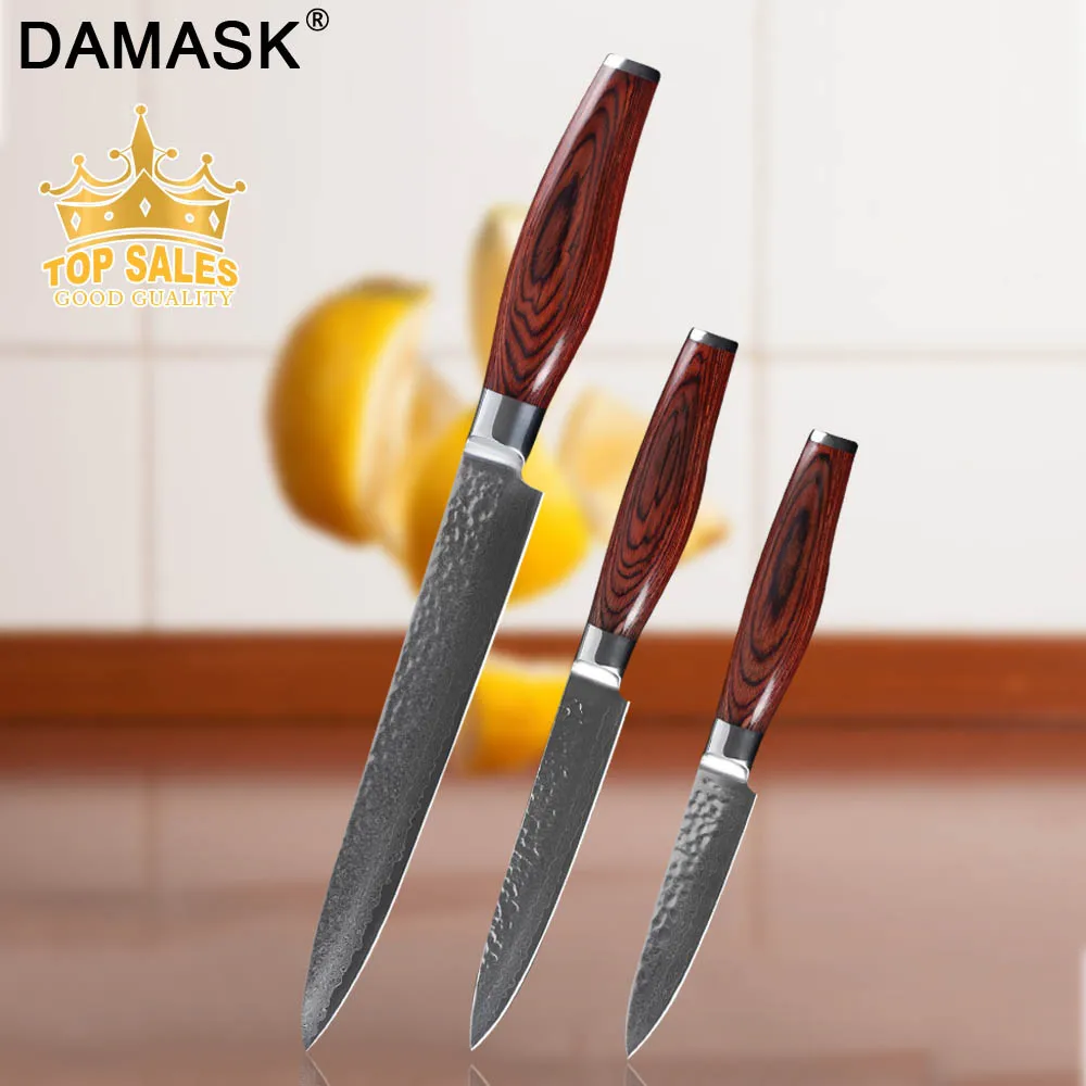 

Damask Damascus Slicing Knife Japanese Hammer 67 Layers VG10 High Carbon Damascus Steel Utility Cleaver Color Wood Handle Cutter