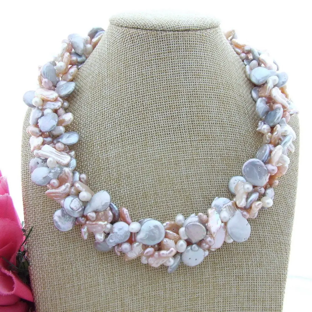 

FC102607 4 Strands Gray Coin Pearl Biwa Pearl Necklace 19