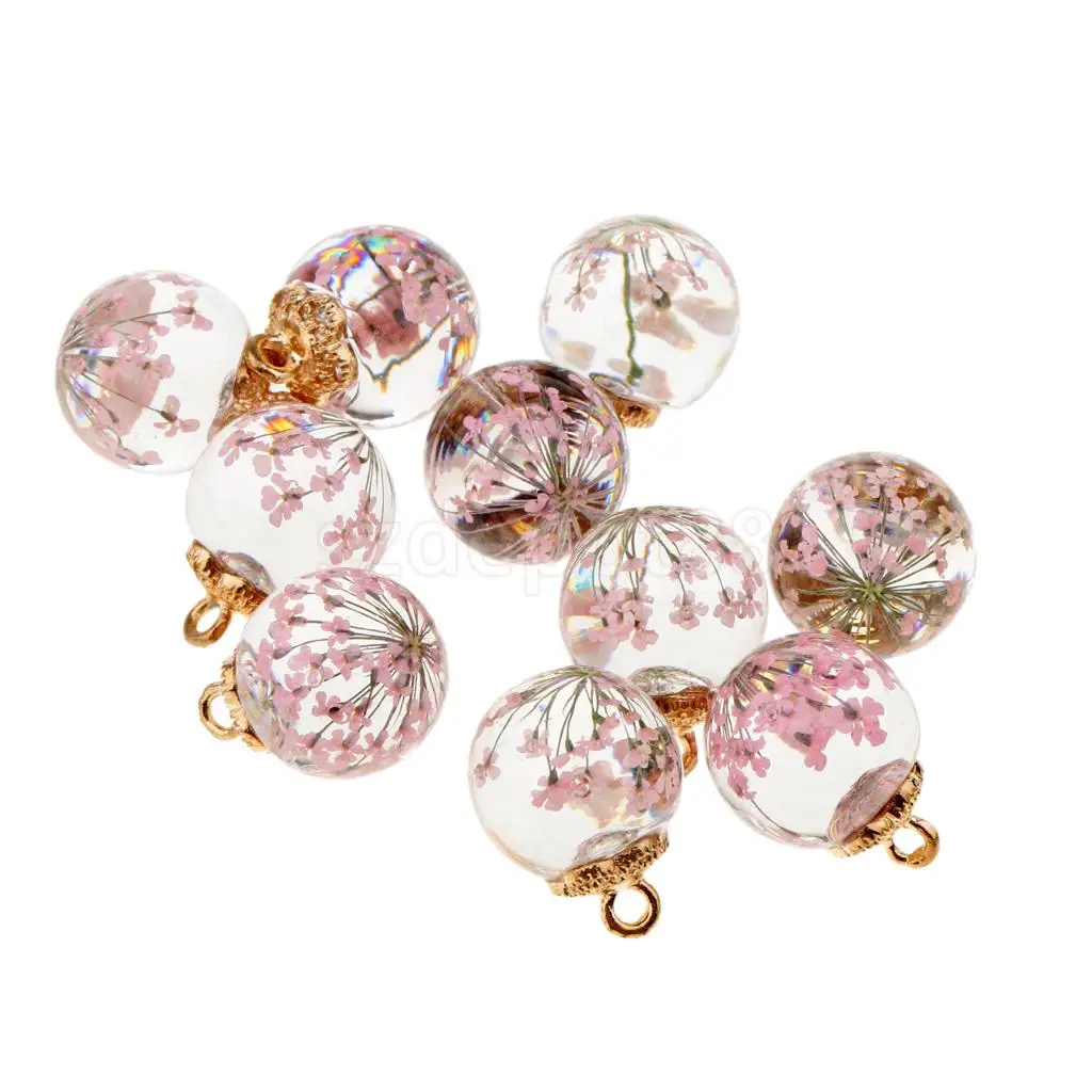 10pcs Dried Flower Glass Ball Pendant with Flower Cap DIY Earring Dangle Craft Findings Loose Beads