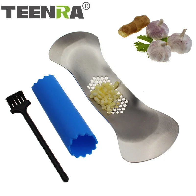 

TEENRA 1Pc Garlic Press Stainless Steel Garlic Crusher Grinding Slicer Metal Garlic Chopper Cutter Peeler Kitchen Tools