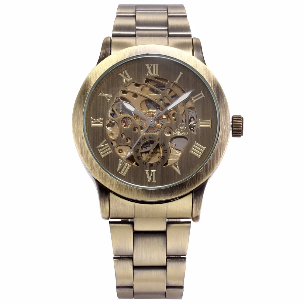 SHENHUA Luxury Brand Bronze Men Skeleton Mechanical Watches Male Clock Stainless Steel Strap Fashion Casual Automatic Watch