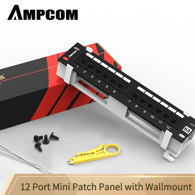 AMPCOM 12 портовая Cat6A / Cat6/ Cat5E UTP мини патч панель с настенным кронштейном в комплекте