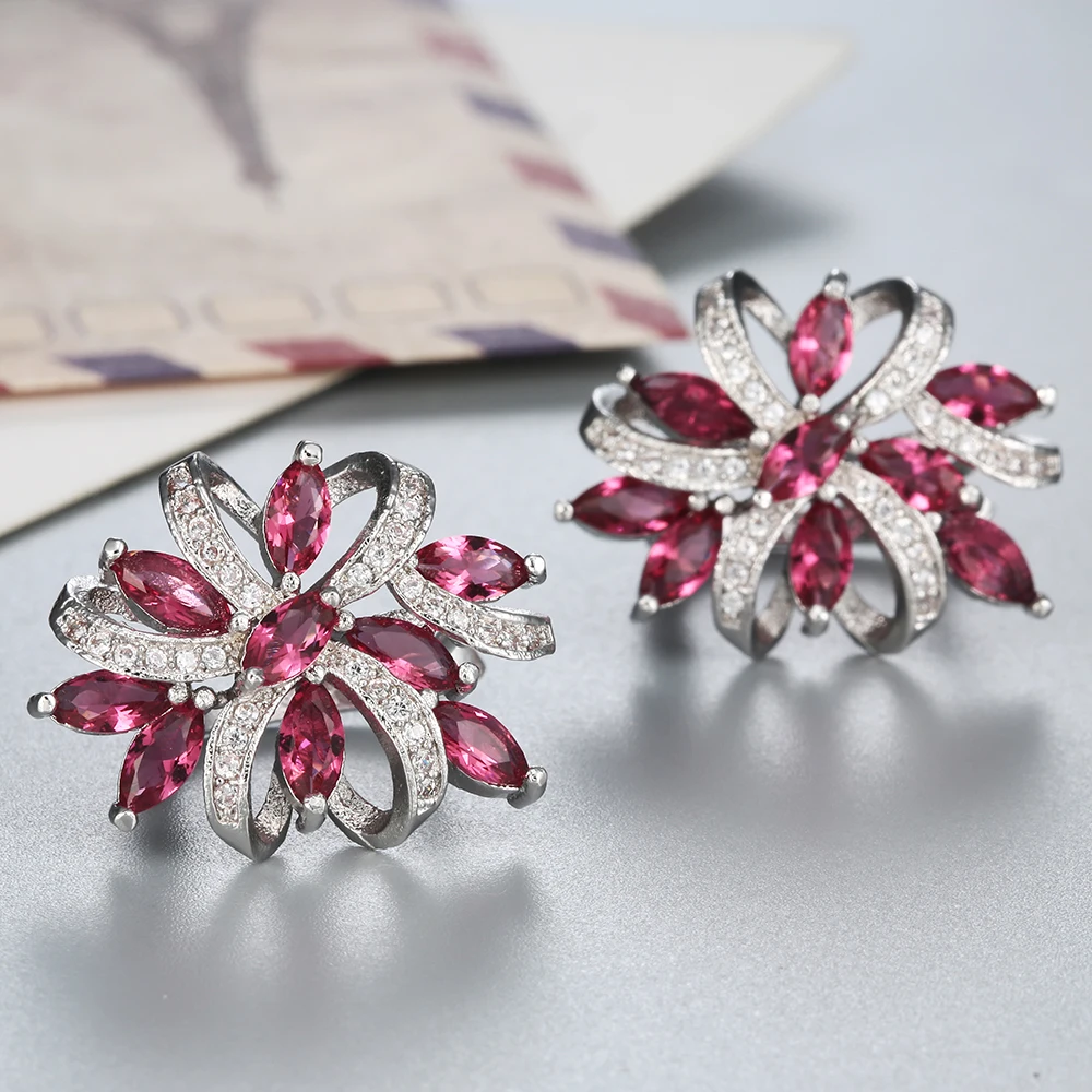 UFOORO горный хрусталь цветок серьги гвоздики розовый кубический цирконий кристалл для женщин ювелирные изделия