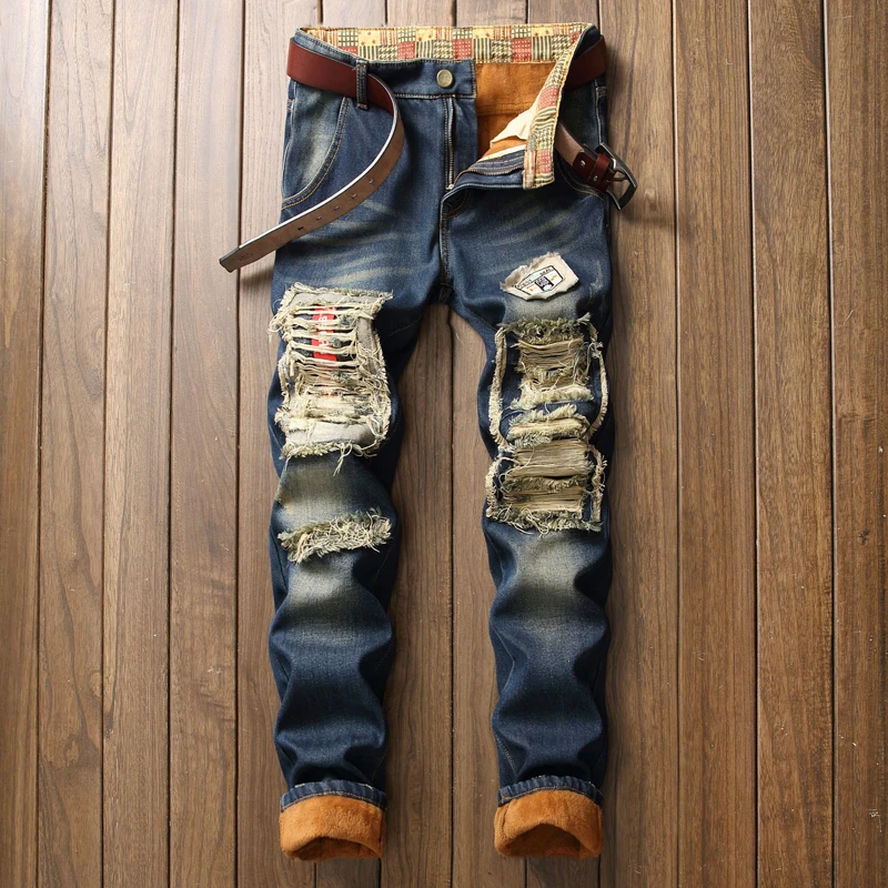 Autumn Winter Men Fashion Ripped Hole Slim Jeans Euro Style Fleece Warm Denim Patchwork Pants Man Casual Personal Quality Jean