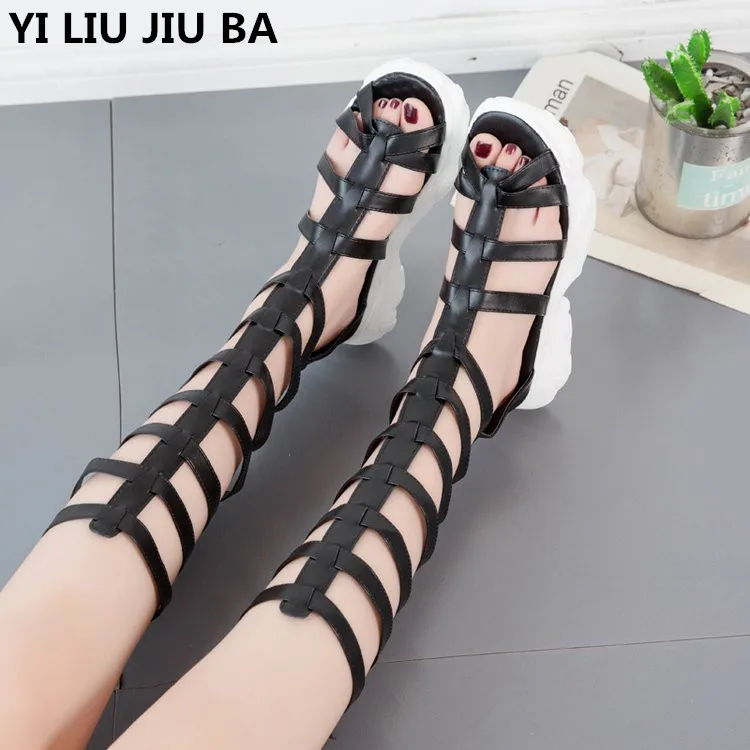 

women shoes Black White High Heels Platform Knee High Gladiator Sandals shoes Women Rome high Heels Peep Toe Summer Sandals *097