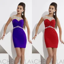 Nach Maß Red Sheer Scoop Neck Mantel Cocktailkleider 2016 Pailletten Perlen Applique Zipper Zurück Falten Kurzes Cocktailkleid