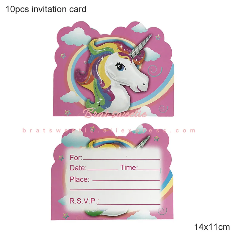 A Invitation Card Единорог Приглашения карты Единорог вечерние Happy День рождения детская комната аксессуары Дети сувениры пригласительных билетов с Конверты - Цвет: A Invitation Card