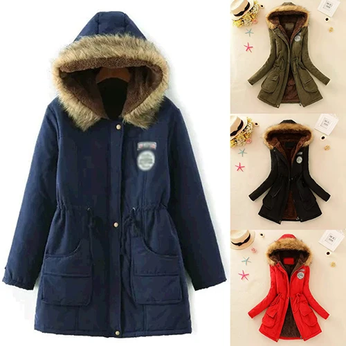 Fashion Winter Warm Women Cotton Faux Fur Hooded Jacket Slim Coat Parka Outwear