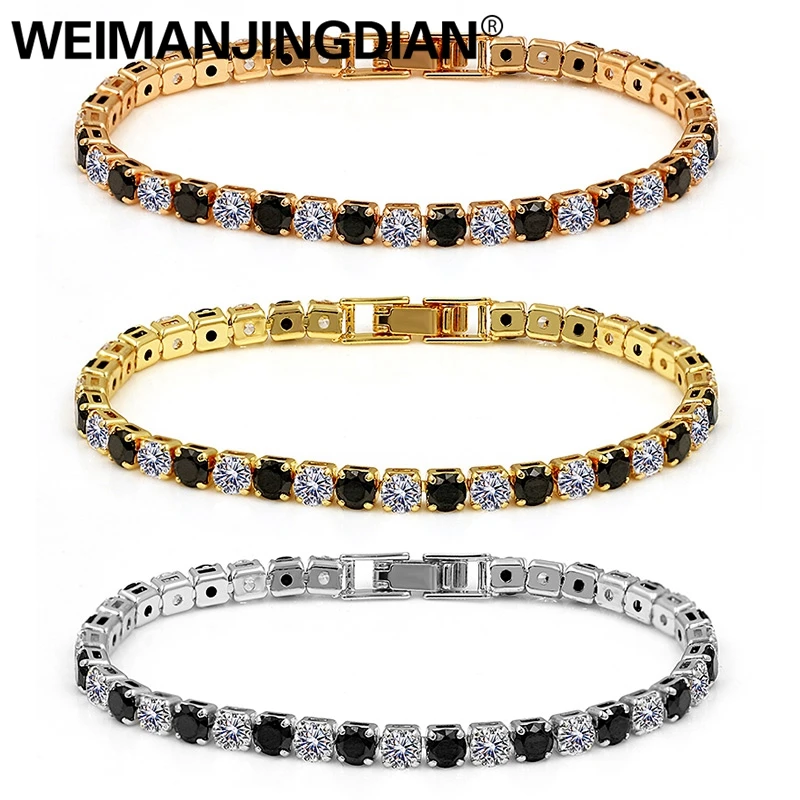 WEIMANJINGDIAN العلامة التجارية الأسود والأبيض 4 مللي متر جولة قطع مكعب زركونيا كريستال تشيكوسلوفاكيا أساور التنس للنساء أو الزفاف
