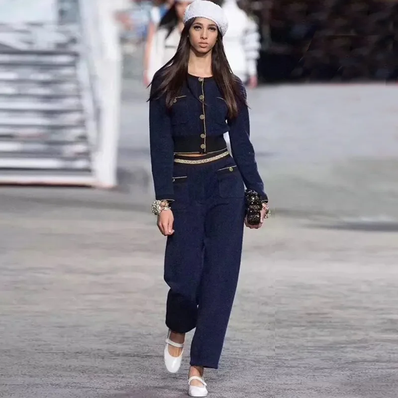 

Luxury Brand Designer Runway 2 Piece Set Imitation Velvet Single Breasted Navy Knitted Cardigan and High waist Cropped Pants Set