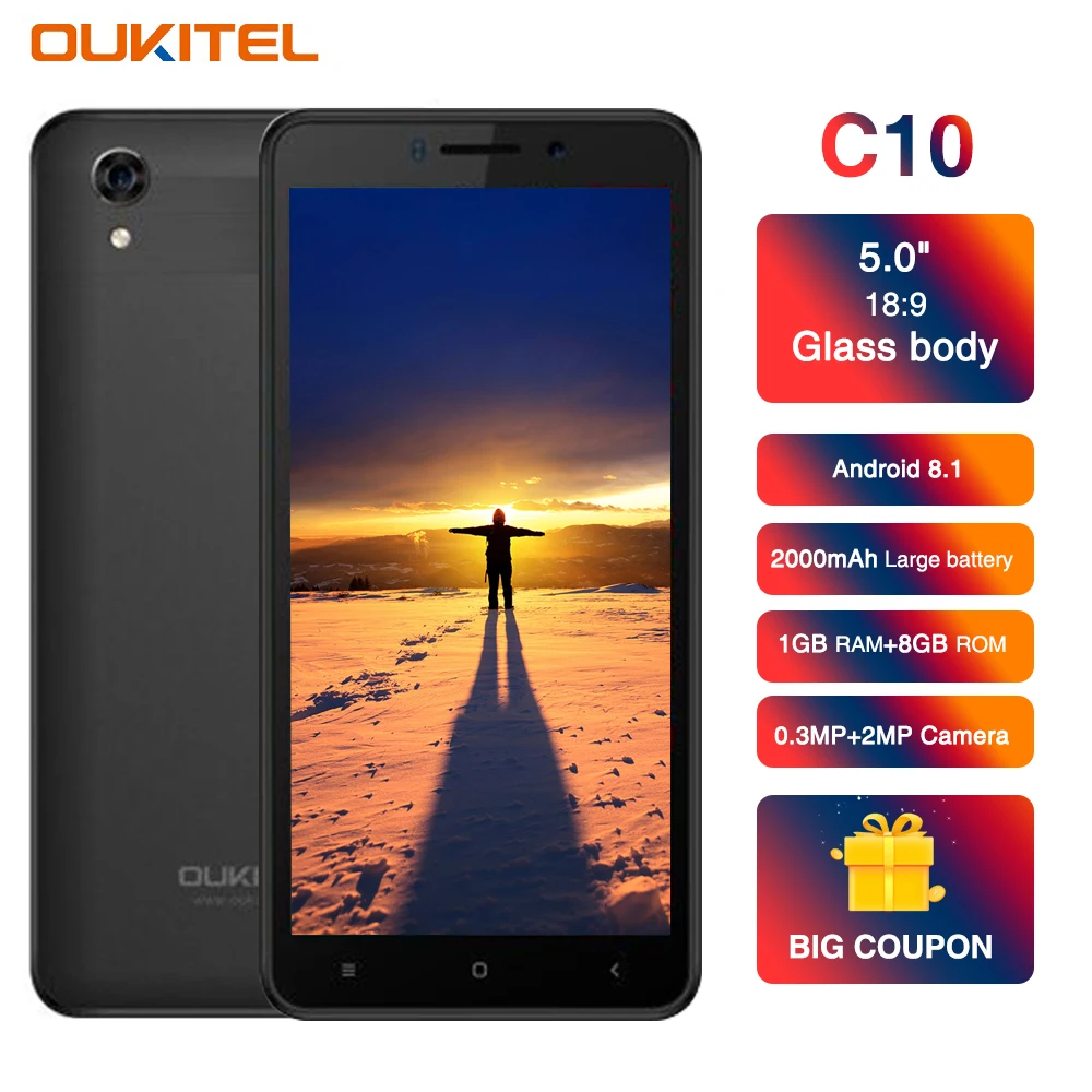 Oukitel C10 3g смартфон 5 дюймов 18:9 дисплей 1. 3G Гц две sim карты 2000 мАч Android 8 1 Гб + MTK6580
