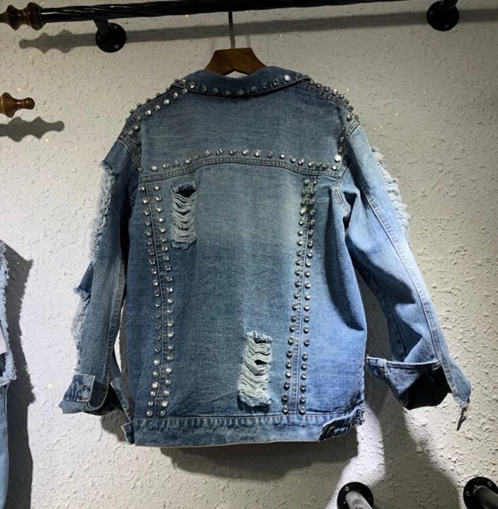 

European Style Gloria Jeans Jacket Coat 2018 Spring / Summer New Heavy Beaded Diamond Personality Hole Denim Jackets Woman
