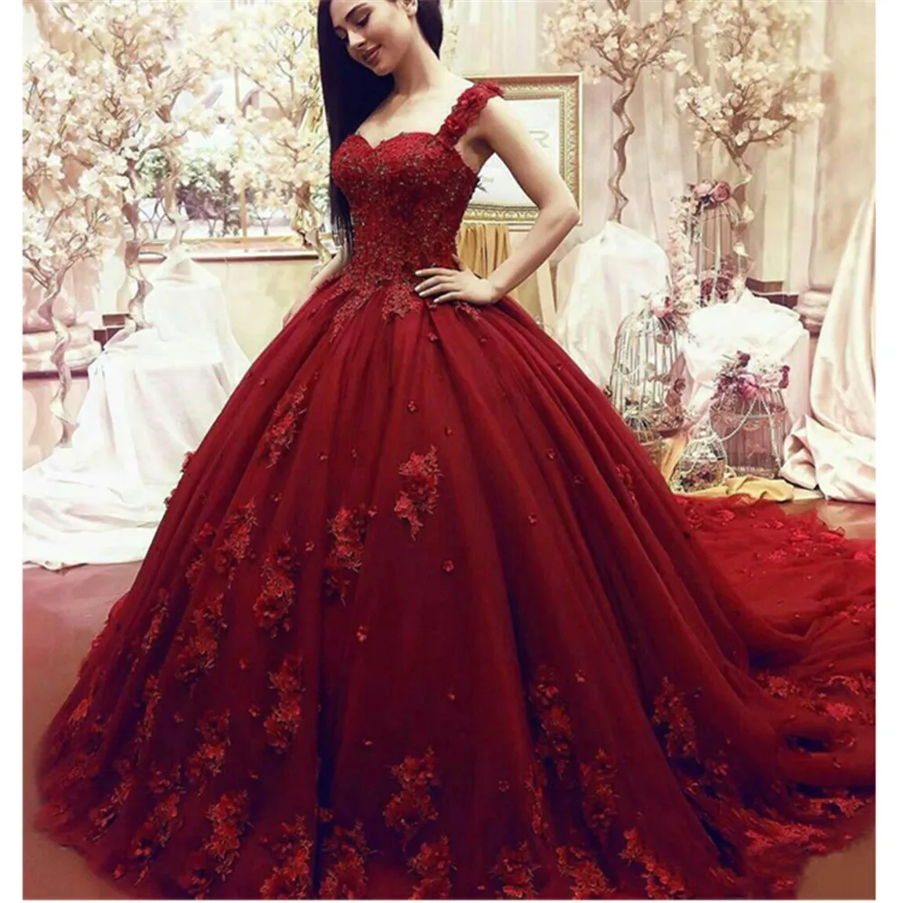 Vestido De Noiva Роскошные Красные Свадебные платья Милая Кружевная аппликация 3D Цветы Свадебные платья Часовня Поезд Свадебные платья