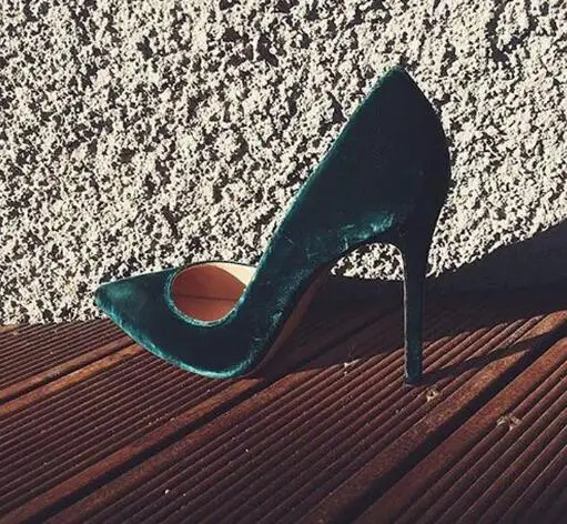 

2017 newest sexy high heel shoes pointed toe woman pumps vintage velvet stiletto heels green black wine red deep blue