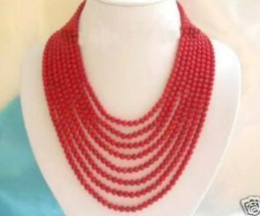 

Charming! 8 Rows Red Coral Round Beads Necklace 17-24" WW