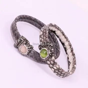 

5Pcs Mix color PU leather bangle bracelet Pave Crystal Zircon natural stone snake skin soft bangle
