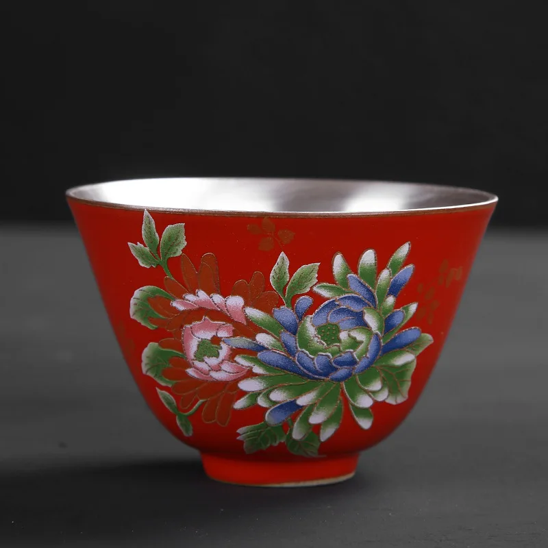 Серебряная чашка 999 Чистая Серебряная чашка Цзиндэчжэнь синяя и белая Позолоченная серебряная чайная чашка ручной работы керамическая чашка - Цвет: Сливовый