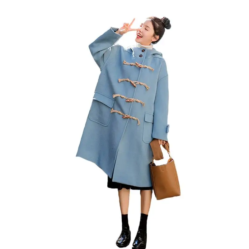 

Women 2019 New Autumn Winter Casual Loose Hooded Long Woolen Jackets Female Warm Horn Button Fashion Blends Coats Outerwear F10
