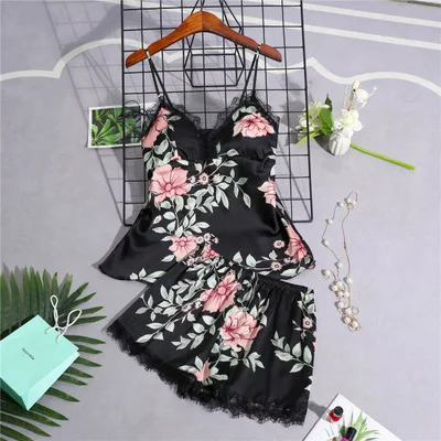 black 2pcs Daeyard женские пижамы Шелковый Цветочный комбинезон с принтом 5 шт. пижамный комплект атласная пижама сексуальная пижама с кружевами Ночная Рубашка домашняя одежда - Цвет: black 2pcs