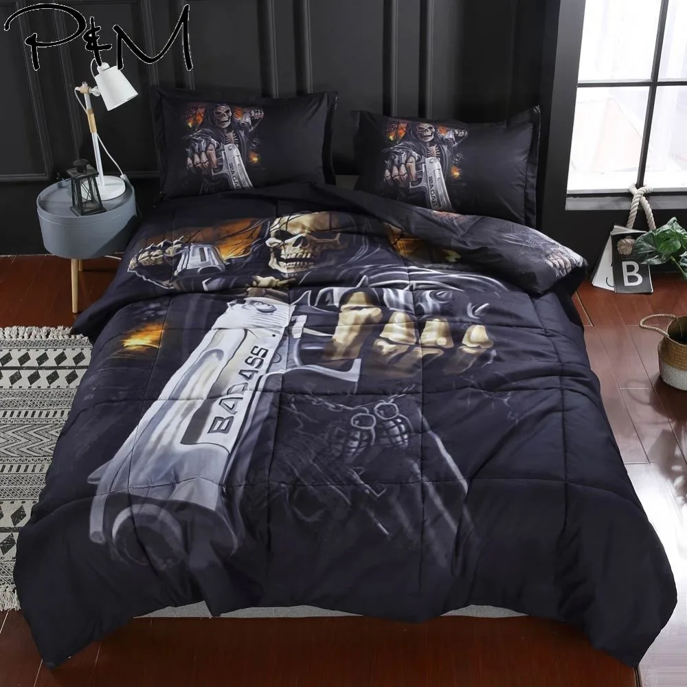 

2019 Gothic Skull Quilting Stitching Quilt 3pcs Set Pillowcases US Full US Queen Size Polyester Fiber Thin Blanket