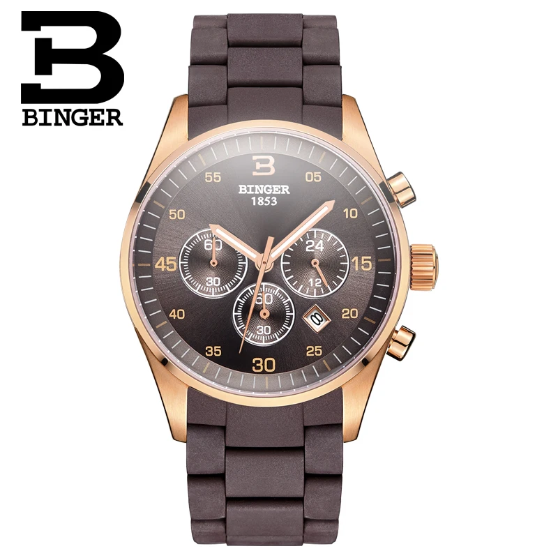Швейцарские мужские часы люксовый бренд Бингер кварцевые мульти дисплей спортивные силиконовые наручные часы водонепроницаемые мужские часы B1101-4