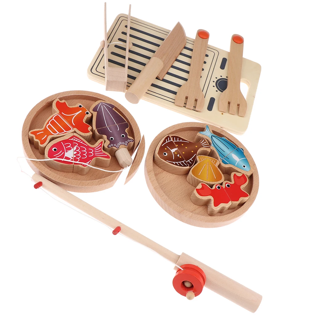 Pretend Kitchen Cooking Set Wooden Fishing Game - Multifunction Double Pole Magnetic Fishing Cutlery Set - Play House Puzzle Toy