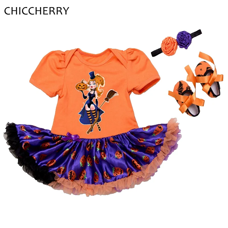 

The Little Witches Orange Halloween Costume For Baby Girl Clothes Bebe Lace Romper Dress Headband Shoes Girls Halloween Outfits