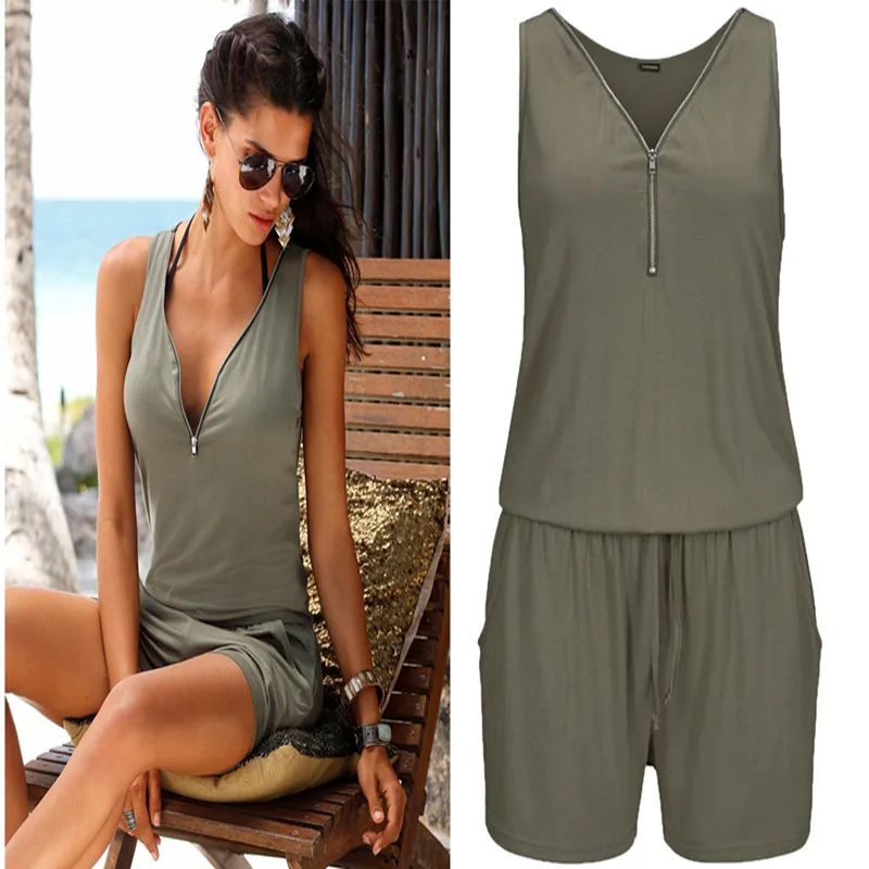 

Oufisun Summer Solid Beach Holiday Women Jumpsuits 2019 New Casual Deep V-neck Zipper Pocket Halter Tank Playsuits plus size 4XL