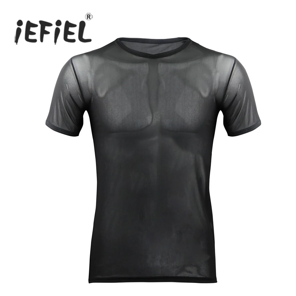 

Fashion Mens Mesh Sheer Tight Fitted V-Neck Evening Party See-through Tees T-shirt Clothing Tops Transparent Sexy Nightwear