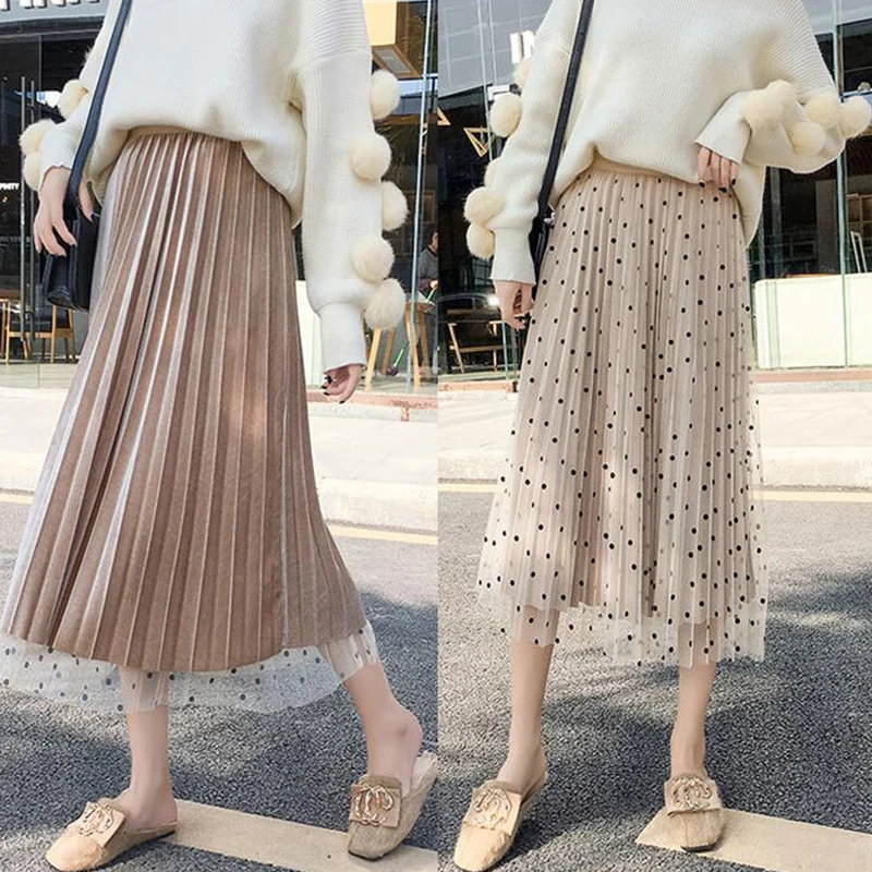 TIGENA Reversible Tulle Velvet Skirt Women Fashion 2019 Spring Elegant Polka Dot Long Skirt Female High Waist Pleated Midi Skirt