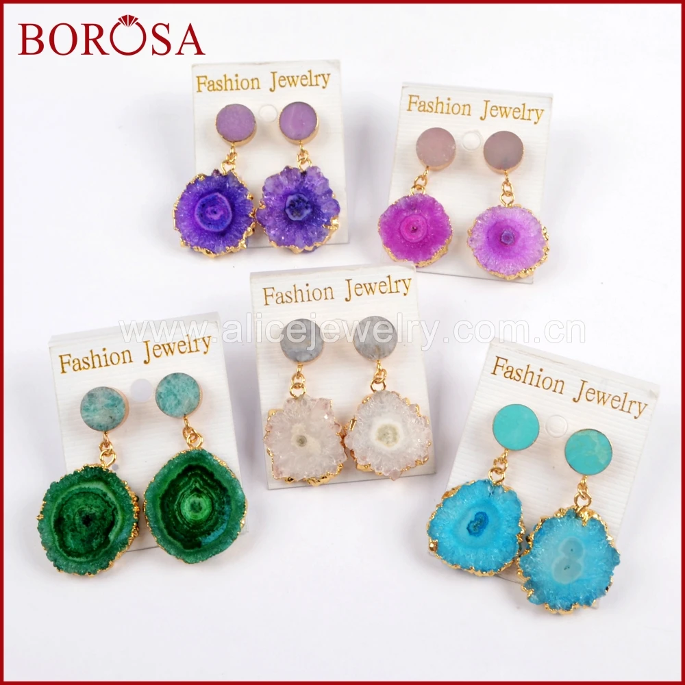 

BOROSA 5Pairs Gold Color 10mm Round Multi Natural Stones With Rainbow Solar Quartz Charm Earrings Dangle Earrings Jewelry G1576