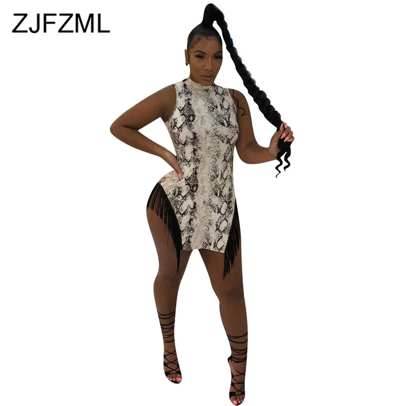 

Snake Skin Print Sexy Club Party Dress Women High Necked Sleeveless Irregular Dress Summer Black Tassels Patchwork Bandage Dress