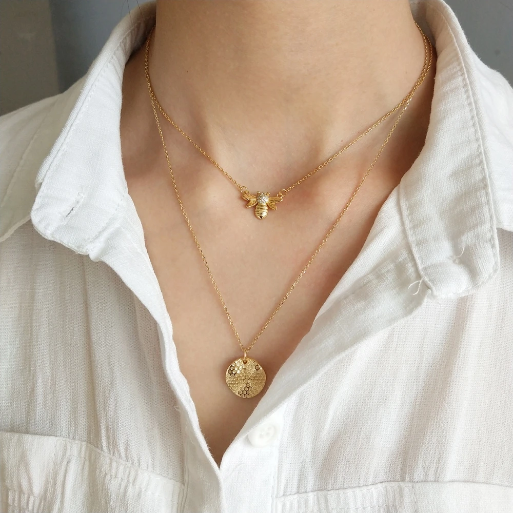 

925 Sterling Silver 18K Gold Women Trendy Jewelry Zircon Bee Choker Round Honeycomb Necklace Girls Geometric Necklaces Sets
