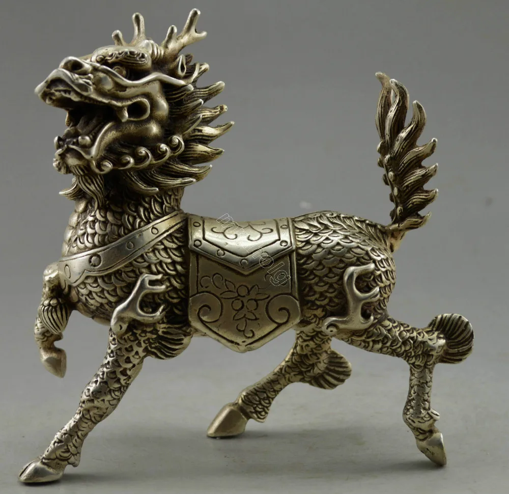 

Metal Crafts Collectible Decorated Old Handwork Tibet Silver Carved Kylin Statue fast SHIPPING