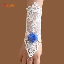 Белые кружевные перчатки с синим кружевом ручной работы с цветами милые женские свадебные вечерние оперы Длина Свадебные перчатки gant de mariage blc G64