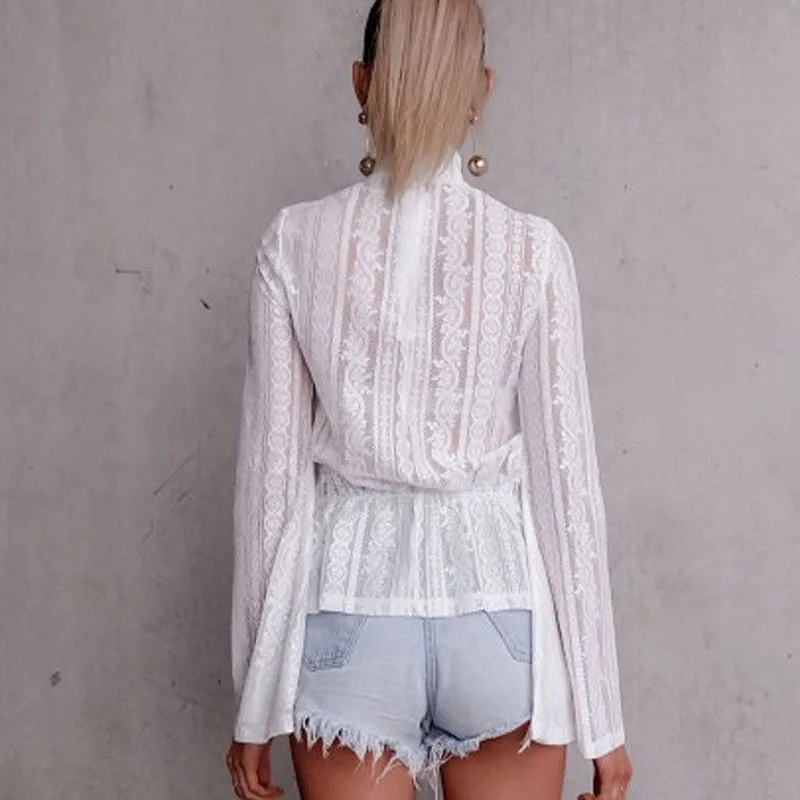Lace Crochet Chiffon Flare Long Sleeve Women Blouse Turtleneck Stand Collar Transparent Woman Shirts 2019 Elegant Sexy Lady Top