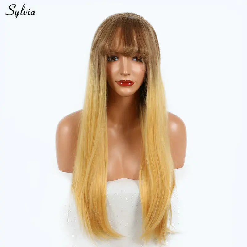 Sylvia Heat Resistant Fiber Natural Straight Blonde Ombre Wig With Bangs Synthetic Lace Front For Women Girls Party Daily | Шиньоны и