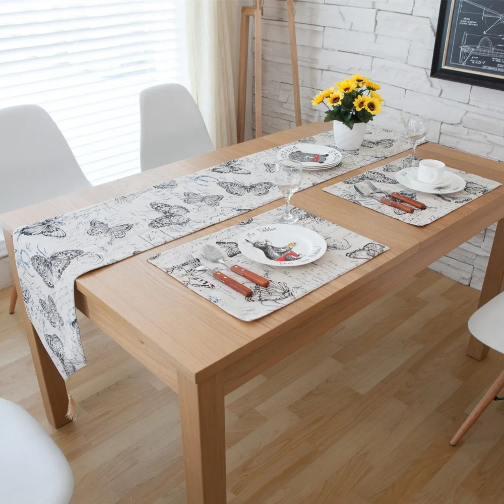 

3/5/7-Pieces Linen Cotton Retro Printed Table Runner And Placemat Sets Table Decoration Table Runners 30x220cm Beige