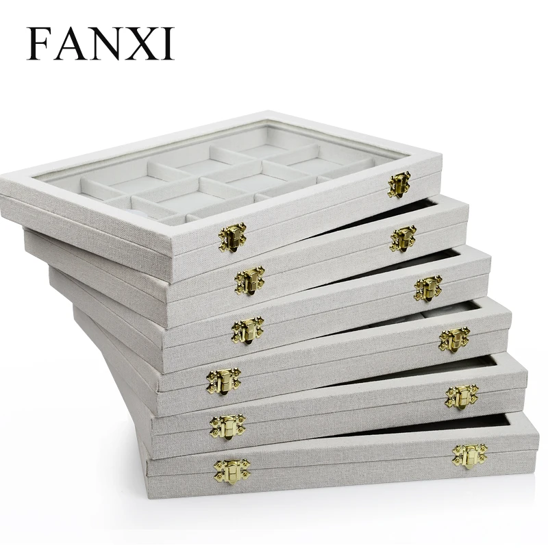 FANXI классический кремово-белый льняной чехол для демонстрации ювелирных изделий для коллекции подвесок чехол для шоу лоток со стеклянной крышкой Органайзер для магазина