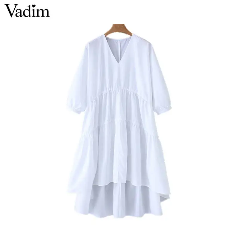 

Vadim women elegant solid white V neck patchwork midi dress half sleeve irregular pleated female casual mid calf dresses QB881