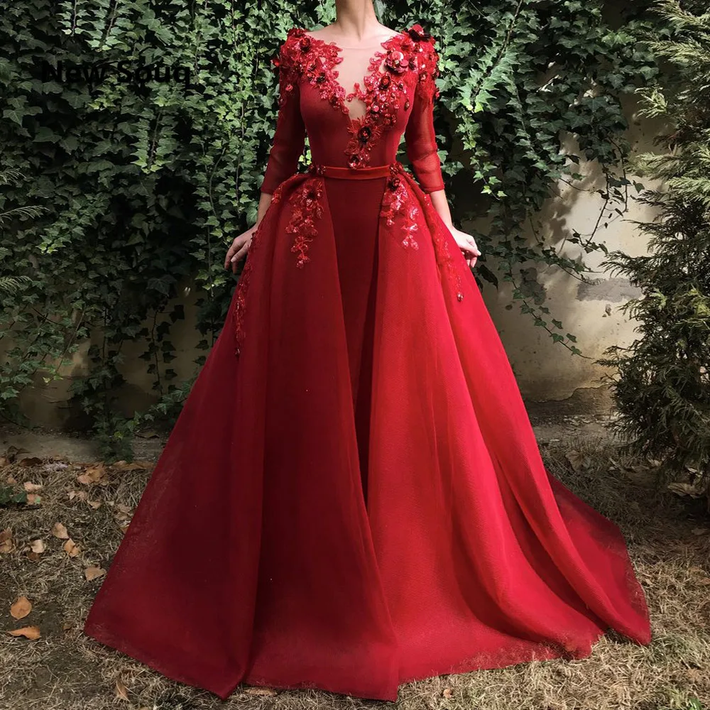 Rode Tulle Applique Avondjurken Met Afneembare Rok Illusion Hals Lange Mouwen Avondjurken Saudi Arabische Prom Dress