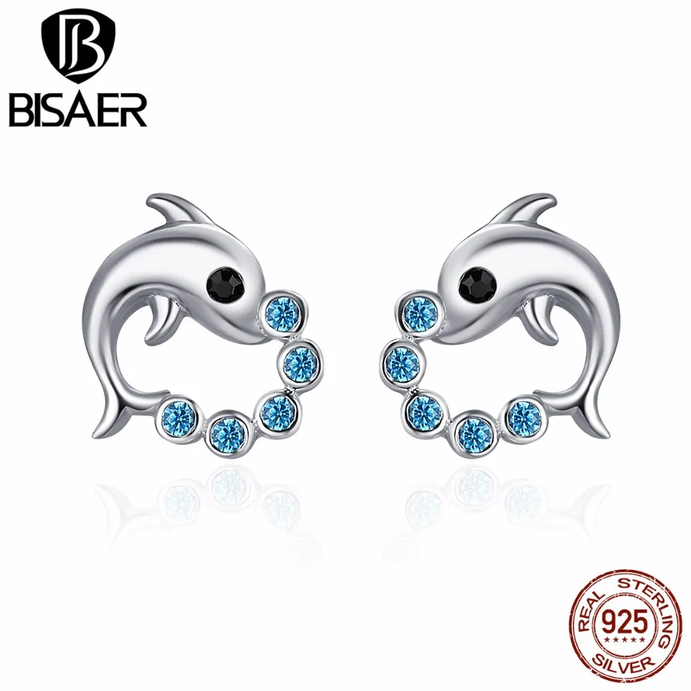 BISAER Уникальные 925 пробы серебряные серьги в виде животных, элегантные маленькие серьги-гвоздики с изображением дельфина кота для женщин, оригинальные ювелирные изделия