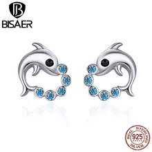 BISAER Уникальные 925 пробы серебряные серьги в виде животных, элегантные маленькие серьги-гвоздики с изображением дельфина кота для женщин, оригинальные ювелирные изделия