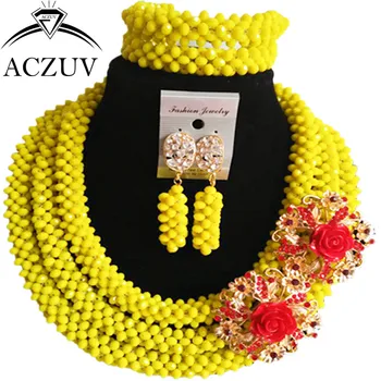 

ACZUV Latest Yellow Nigerian Wedding African Beads Jewelry Set Crystal B3R019
