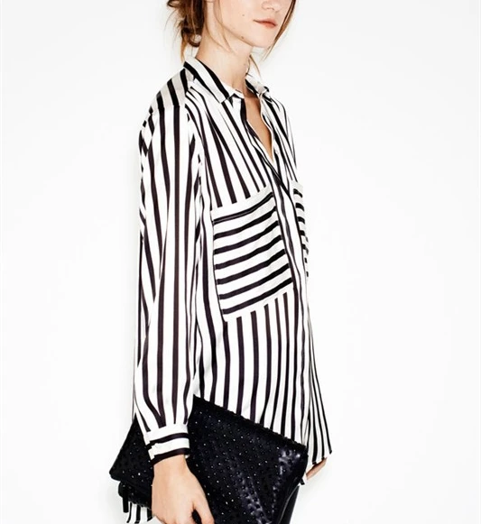 2015 new summer autumn women's black and white striped shirt lapel