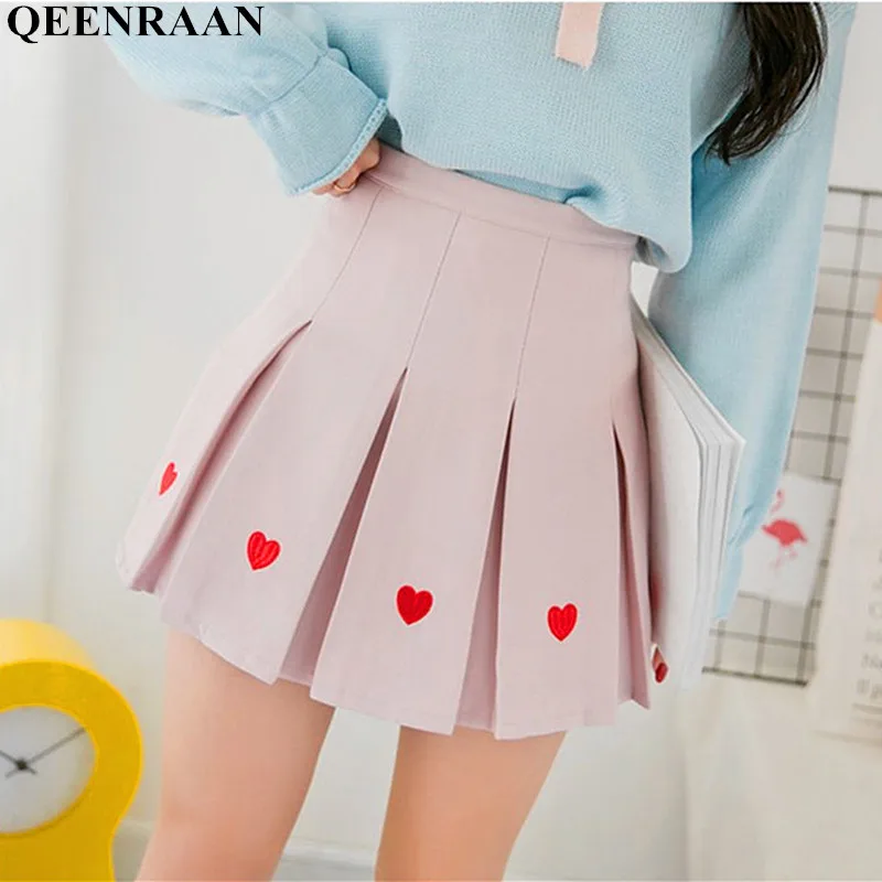 2019 Новая Женская высокая талия мини-юбка японский стиль колледж Ветер милый в форме сердца вышивка плиссированные женские юбки