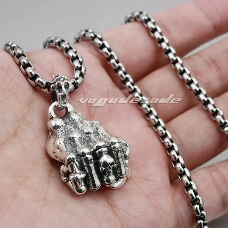 

Solid 925 Sterling Silver Skull Bone Hand Mens Biker Pendant 8C014(Necklace 24inch)